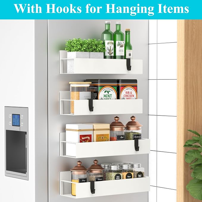 HuggieGems Metal Magnetic Spice Rack for Refrigerator Cream White, 4 Pack | Magnetic Shelves Heavy Duty for Fridge in Kitchen, Seasoning Storage Organizer, For Oven Washer and Dryer, For Heavier Items - Image 2