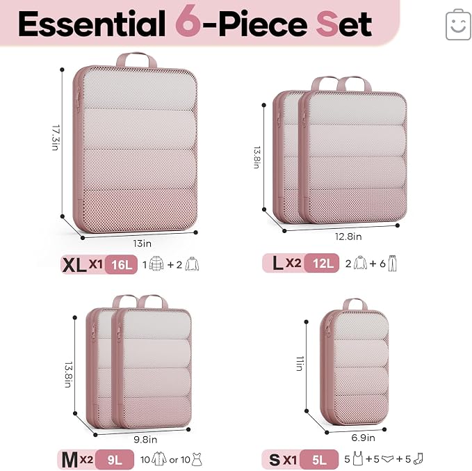 Veken 6/9/11 Set Compression Packing Cubes Garment Bags for Travel Essentials,Compressible Expandable Luggage Organizer Bags for Clothing,Space Saver Bags with Over 1000 pcs of Mesh Holes(Light Coral) - Image 2