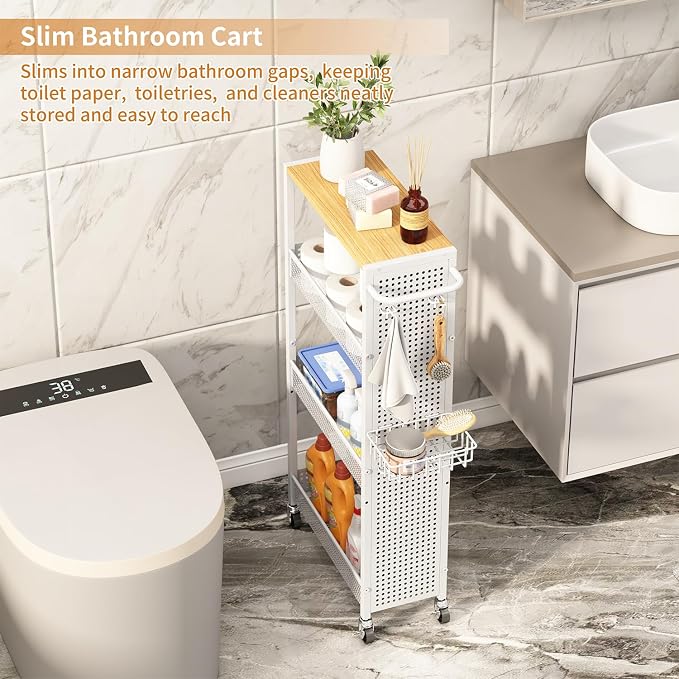 Slim Storage Rolling Cart: 4-Tier Narrow Metal & Wood Utility Cart with Wheels for Kitchen/Laundry/Bathroom(White) - Image 5