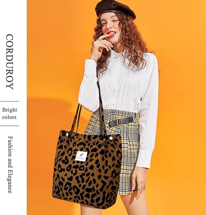 LHMTQVK Corduroy Tote Bags for Women, Large Capacity Tote Purse Reusable Grocery Shoulder Bag with Inner Pockets - Image 2