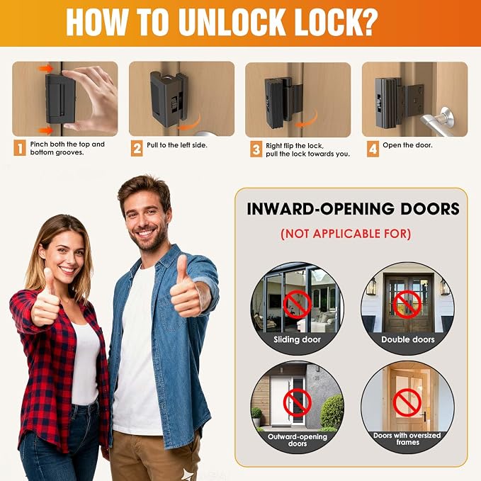 800lbs Force Door Reinforcement Lock - Heavy Duty Security for Inward Swing Doors, Aluminum Alloy Deadbolt with 8 Screws, for Apartment & Home Safety (2, Black - Screw Fixation) - Image 5