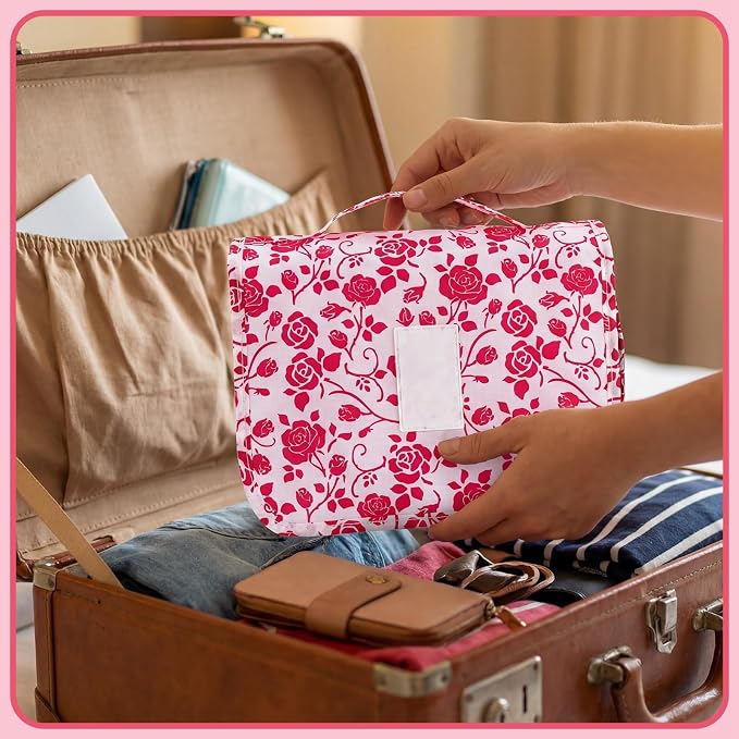 Hanging Toiletry Bag, Waterproof Makeup Organizer With Hook, Red Rose | 4 Compartments, Clear Pocket, Carry Handle, Fold-Out Design, For Travel, Bathroom, Camping, Kids And Teen Girls - Image 6