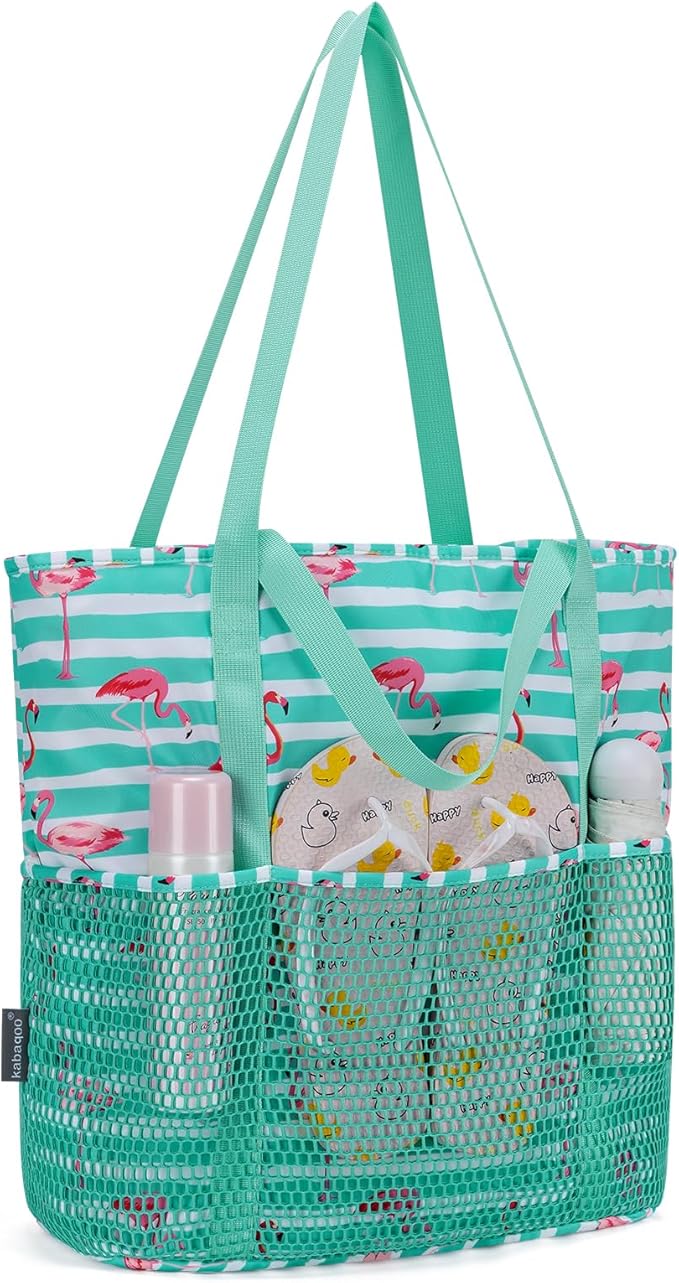 KABAQOO Large Beach Bag Waterproof Sandproof Tote Bag for Women with Zipper & Mesh Pockets for Pool Swim Travel Everyday | waterproof by KABAQOO