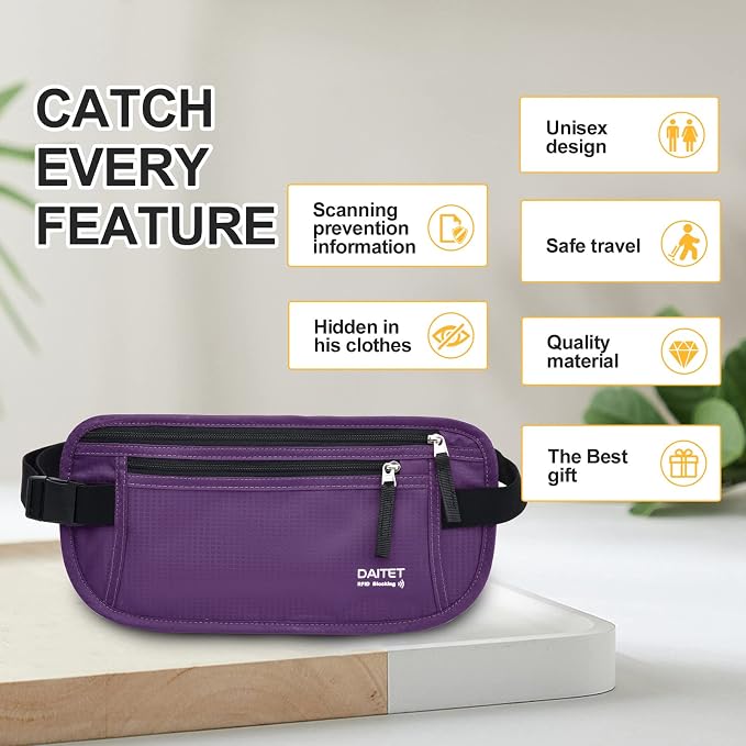 RFID Blocking Money Belt for Men Women, Slim Fanny Pack For Travel，Running,Conceal Waist Wallet For Passport Holder,Phone,Cash(Dark Purple), Dark Purple, Rfid Blocking & Belt Wide:1inch - Image 2