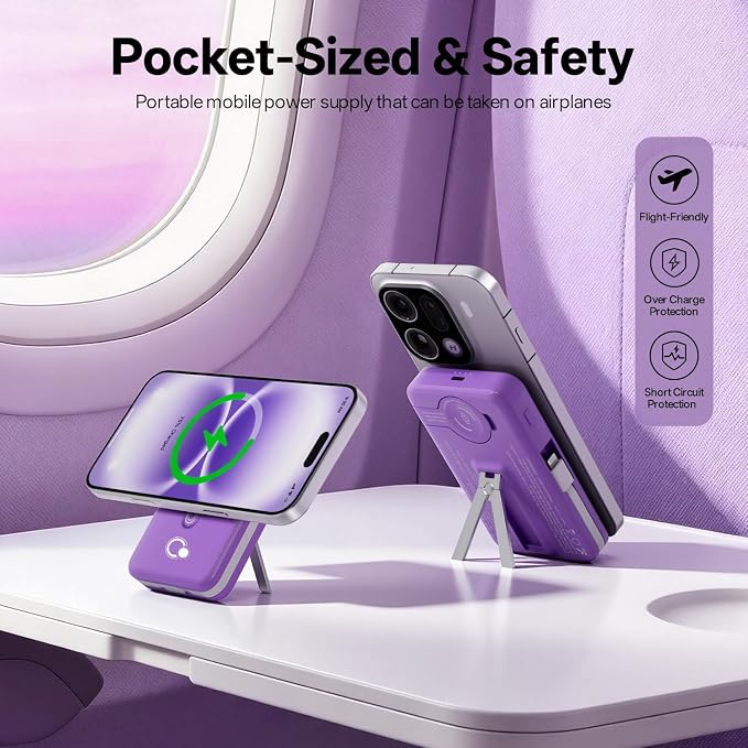 Q Magnetic Wireless Portable Charger 10,000mAh, Travel Essentials Power Bank with Built-in Cables & Foldable Stand, External Battery Pack Compatible with iPhone 17/16/15/14/13/12, Apple Watch - Image 3