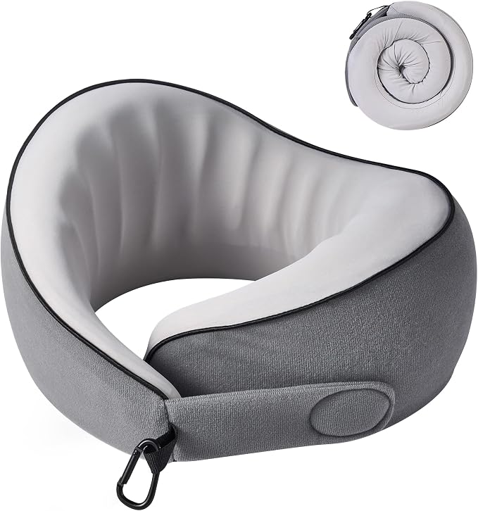 Travel Neck Pillow Airplane Neck Support Ergonomic Design for Traveling | 100% Pure Memory Foam Suitable for Airplanes,Offices and Cars, Cool Grey, Standard, C-Shape by KPNEOL