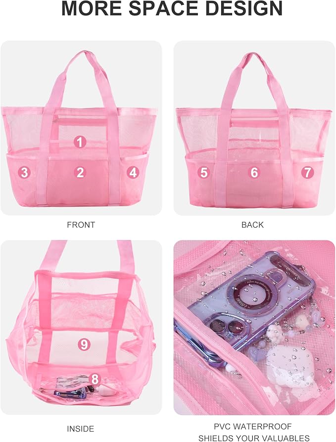 Genteen Beach Bag for Women, Large Waterproof Sandproof Beach Tote with Zipper Pocket, Solid for Travel Pool - Image 4