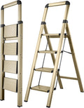 Step Ladder 4-Step Champagne Finish Aluminum Folding Ladders | Anti-slip Sturdy Foldable Ladder Step Stool for Kitchen Home Office Libaray by BIBKOKE