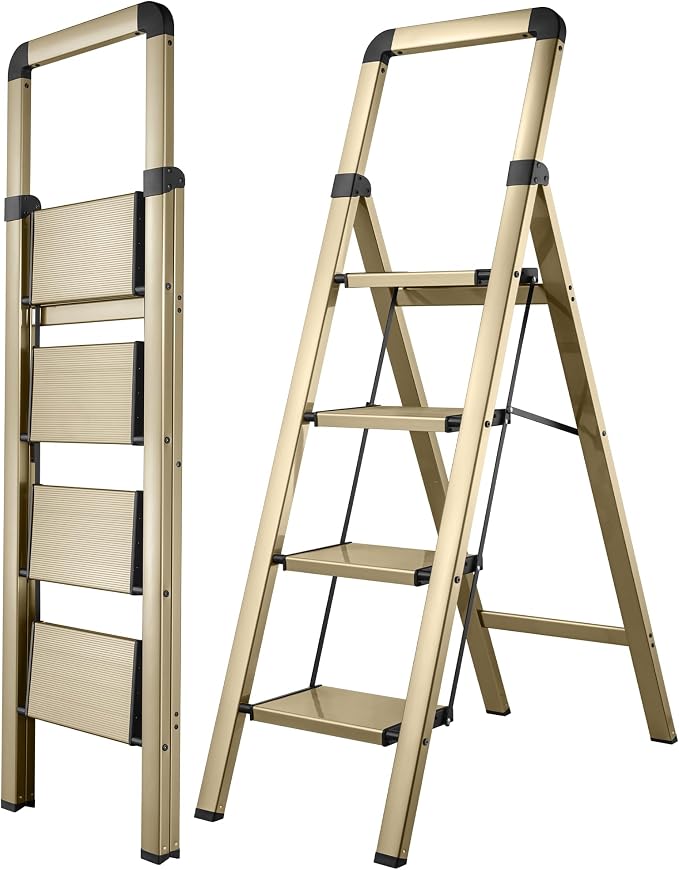 Step Ladder 4-Step Champagne Finish Aluminum Folding Ladders | Anti-slip Sturdy Foldable Ladder Step Stool for Kitchen Home Office Libaray by BIBKOKE