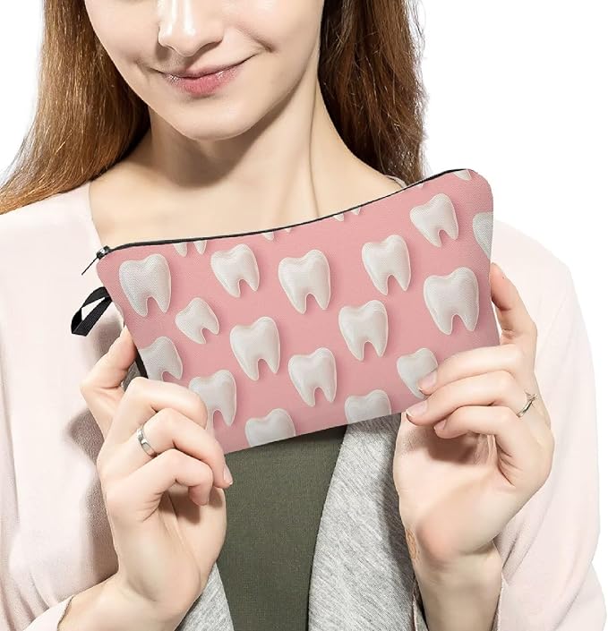 Livel lhood Pink Cartoon Teeth Small Makeup Zipper Bag | Pink Cartoon Teeth Printed Cosmetic Organizer Pouch, Pink Cartoon Teeth Gift for Women Friends - Image 3