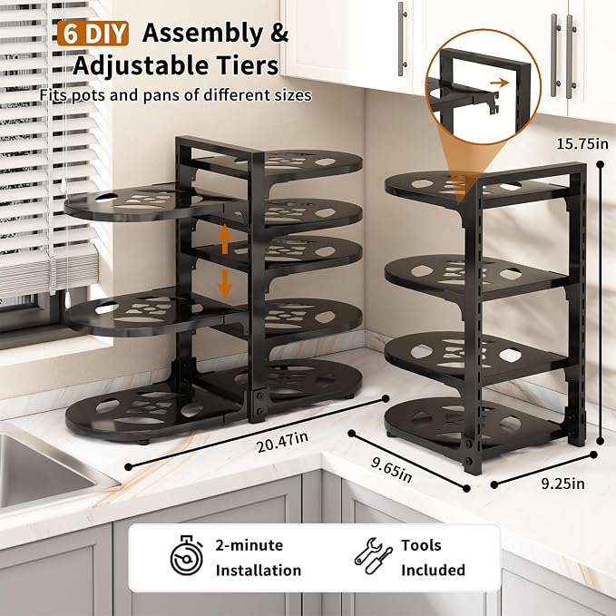 Adjustable Heavy Duty Pots and Pans Organizer Under Cabinet, 8-Tier Pot and Pan Organizers Inside Cabinet, Kitchen Cabinet Organizers and Storage, Black - Image 3
