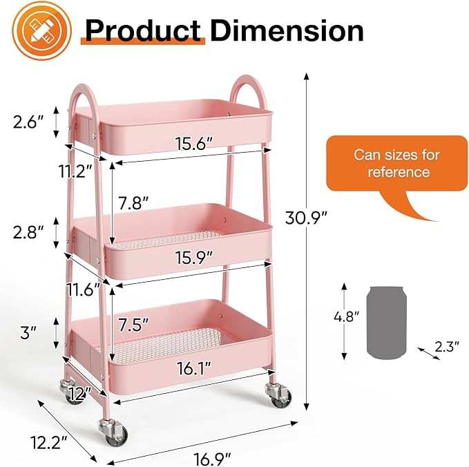 NEWBULIG 3-Tier Metal Rolling Cart with Lockable Wheels, Heavy Duty Mobile Utility Storage Shelf, Roller Book Snack Cart, Organization for Livingroom, Bathroom, Office, Pink | Mobile Organizer Shelf, Space-Saving, Freestanding, Bathroom, Living Room, S... - Image 4
