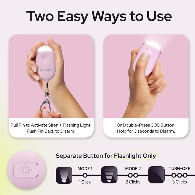 Weten Rechargeable Personal Alarm Keychain - 130dB Siren & LED Light - Stylish Personal Safety Alert for Women to Carry - Panic Button Alarm for Security - Rape Whistle for Self Defense (Pink) | LED Light, Stylish Safety Alert for Women to Carry, Panic... - Image 3