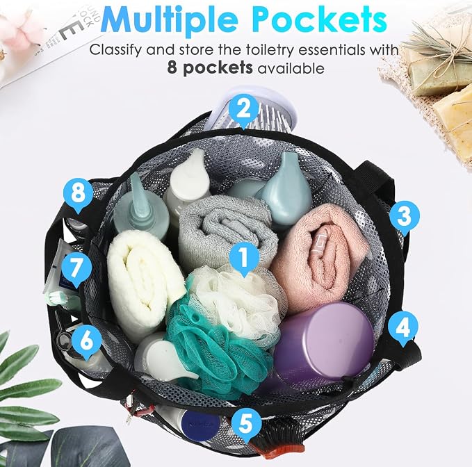 Fammart Mesh Shower Caddy Portable for College Dorm Room Essentials, Odorless Polyester Large Shower Tote Bag with Dual Handles, 8-Pocket Quick-Dry Toiletry Organizer for Travel, Beach, Camping, Gym - Image 4