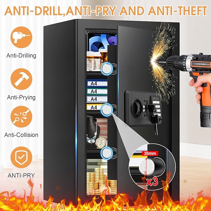 5.2 Cub Large Fireproof Safes for Home Use, Digital Security Safe Home Safes Fireproof Waterproof with Combination Lock and 3 Removable Shelves, Anti-Theft Fire Safe Box for Document Money Valuables - Image 3