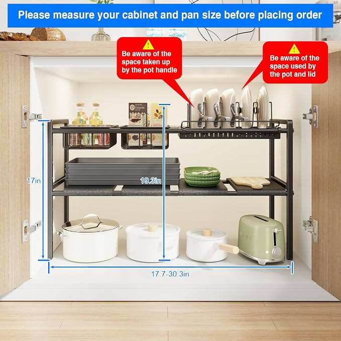 Mustorn Pots and Pans Organizer Under Cabinet, Expandable 2 Tier Under Sink Organizers Storage Adjustable Height Kitchen Pot and Pan Lid Holder Rack with 6 Dividers(4panels,2baskets,1 Pot rack,Black) - Image 6