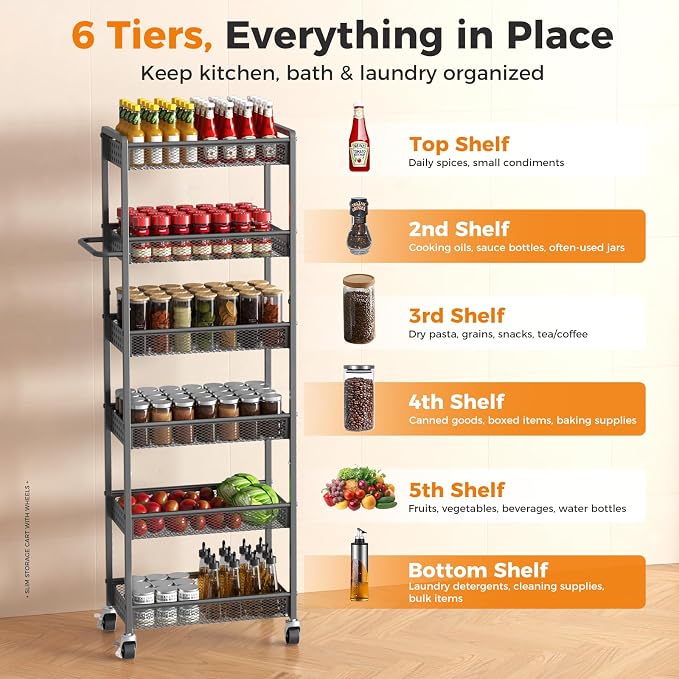 6 Tier Slim Storage Cart with Wheels, 10" D Rolling Storage Cart for Small Space, Metal Narrow Spice Cabinet Mobile Shelving Unit Organizer with Handle for Kitchen, Laundry - Black - Image 4