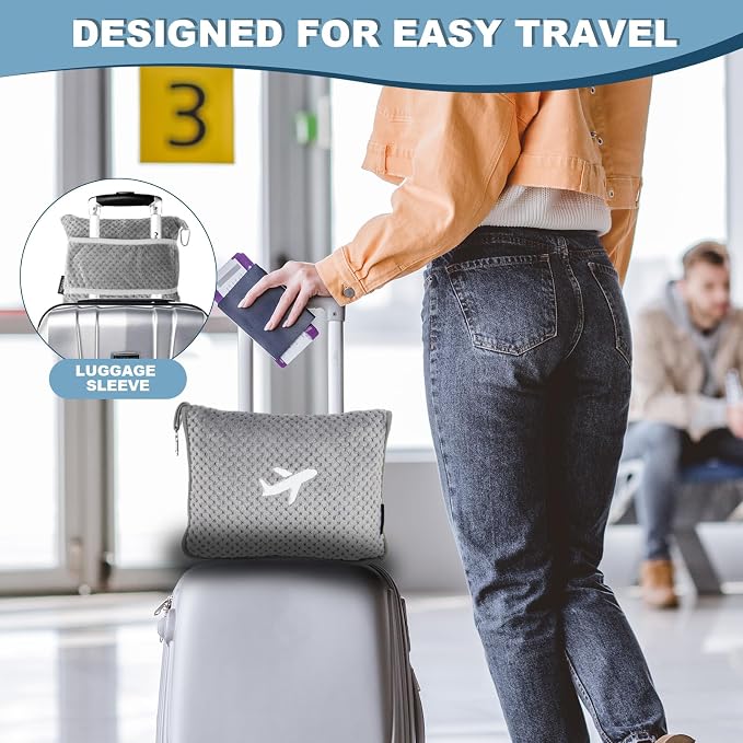 Travel Blanket Airplane Compact with Bag, Travel Essentials 3 in 1 Packable Airplane Blanket, Travel Pillow and Blanket Set, Inflatable Pillow, Luggage Sleeve & Backpack Clip (Light Grey) - Image 4