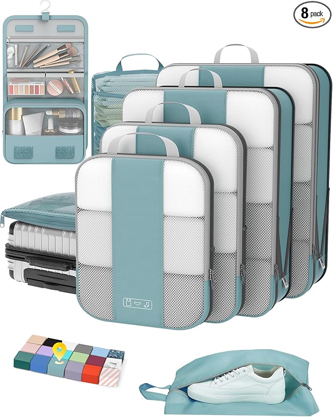 OlarHike 8 Set Compression Packing Cubes for Travel Essentials,Compressible Expandable Space Saver Bags for Organizing Clothes,Luggage Suitcase Garment Bags with Over 1000 pcs Mesh Holes(Blue Gray) by OlarHike