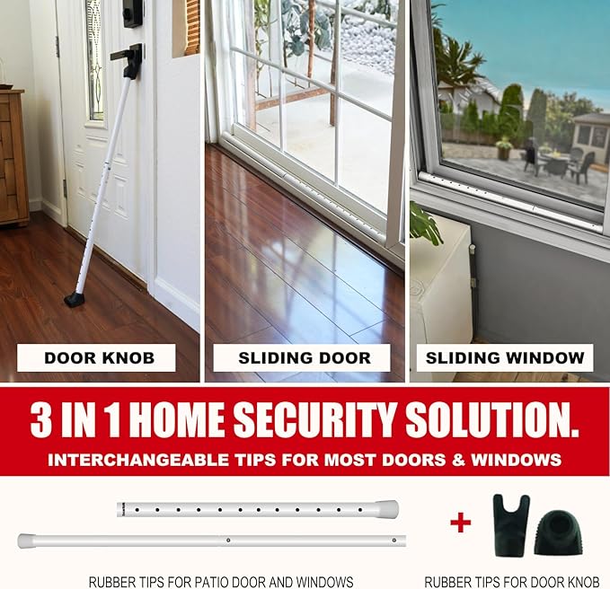 SECURITYMAN 3-in-1 Door Security Bar, Security Door Stoppers & Door Barricade – Heavy Duty Adjustable Iron Security Lock Bar for Home Defense, Apartment & Travel Safety (1 Pack - White) - Image 2