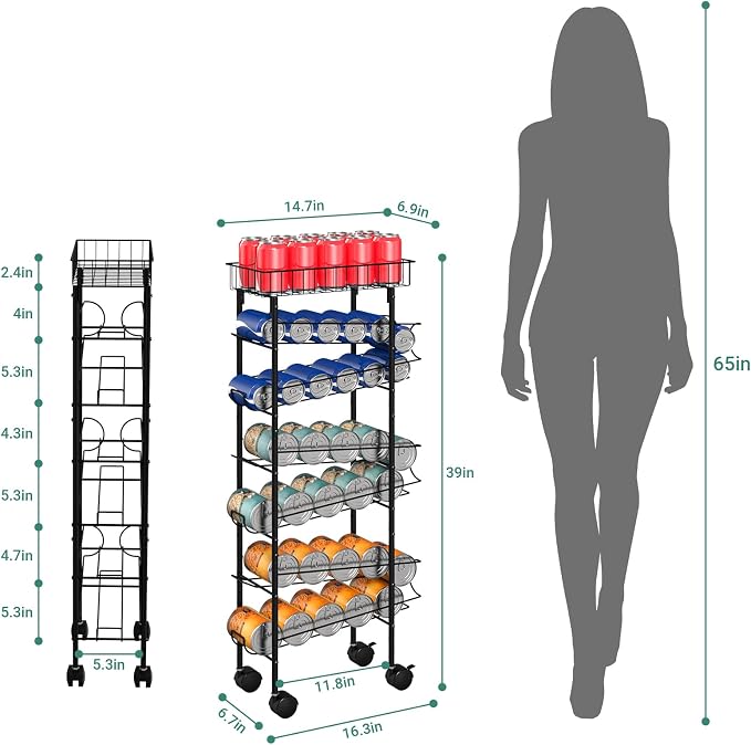 MOOACE Slim Soda Can Organizer Rack, Canned Food Organizer with Wheels | Cans Dispenser Shelf, Rolling Kitchen Storage Carts, Beverage Soup Cans Drink Holder for Pantry Narrow Space, Black - Image 3