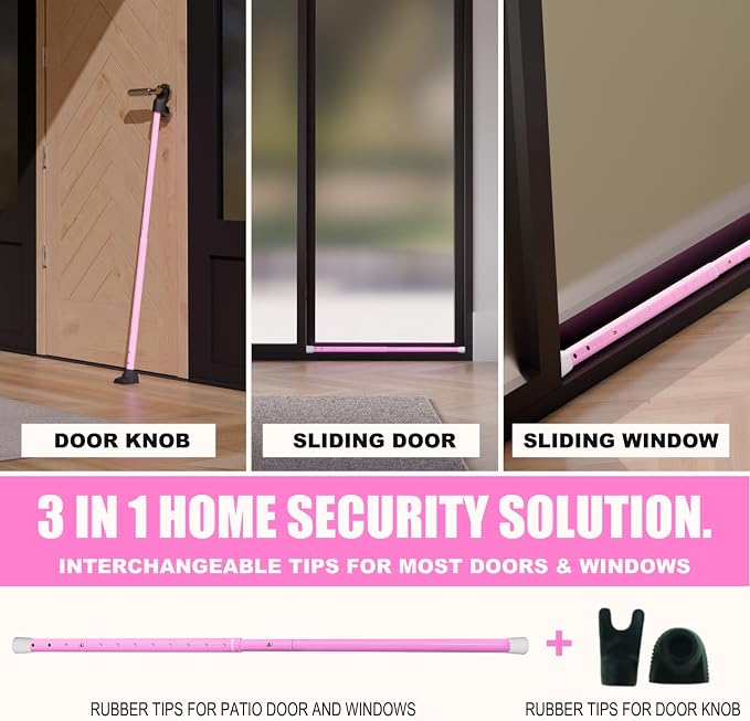 SECURITYMAN 3-in-1 Door Security Bar, Security Door Stoppers & Door Barricade – Heavy Duty Adjustable Iron Security Lock Bar for Home Defense, Apartment & Travel Safety (1 Pack - Pink) - Image 2