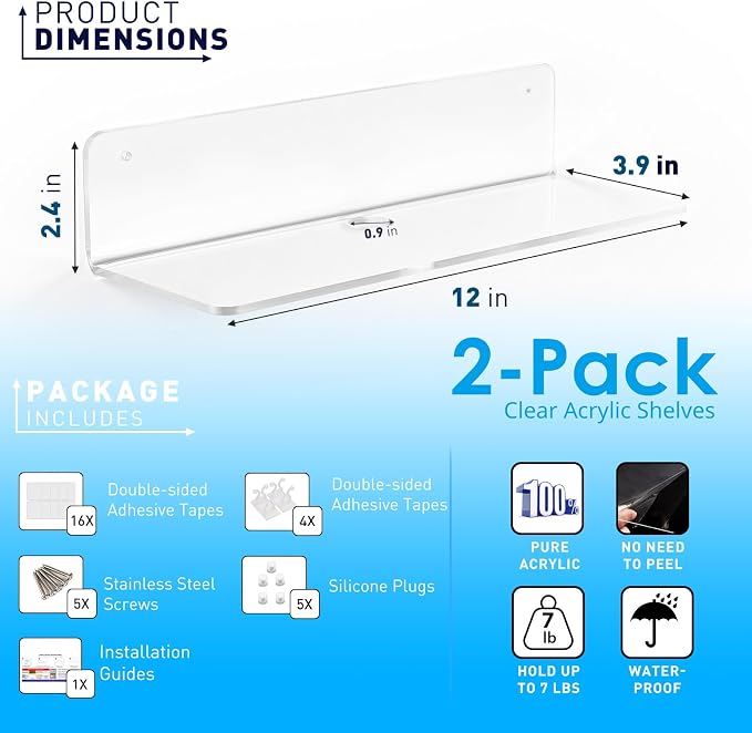OAPRIRE Clear Acrylic Floating Shelves Set of 2 - Easily Expand Wall Space - 12 Inch Small Wall Shelf with Strong Adhesive for Bathroom, Bedroom, etc - Image 2