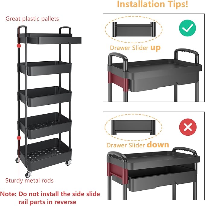 Calmootey 5-Tier Utility Cart with Drawer & Wheels, Storage for Home,Office | Space-Saving Organizer, Sturdy Plastic Shelves, Smooth-Rolling Metal Wheels, Built-in Drawer for Small Items, Black - Image 6