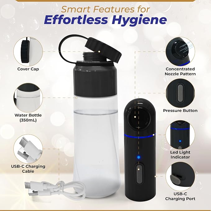 LuxeJet V2 Portable Bidet for Travel with 350mL Built-in Bottle | Electric Handheld Rechargeable Personal Cleaning Sprayer, IPX7 Waterproof, 400mAh Battery USB Type-C Charging, Obsidian Drift - Image 4