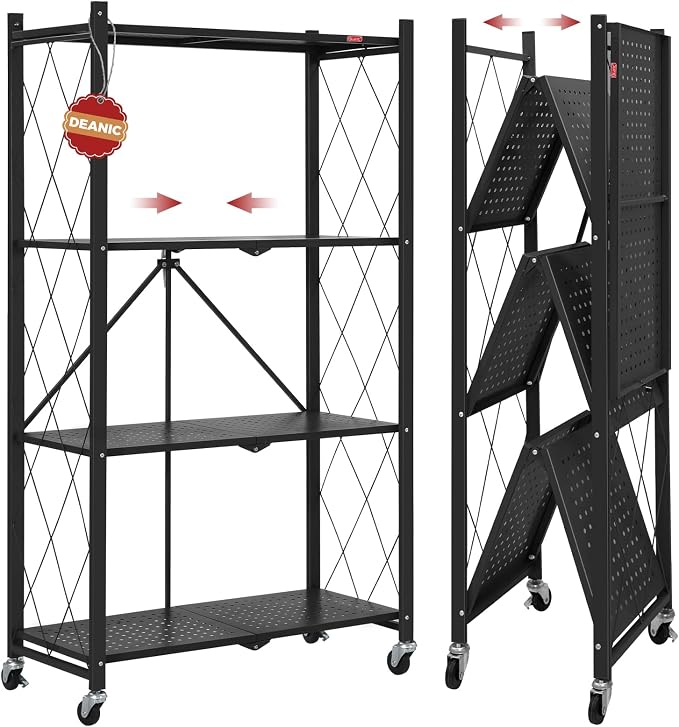 DEANIC 4 Tier Foldable Storage Shelves with Wheels, No Assembly Organizer Rack for Garage Kitchen, Basement, Pantry,Perfect for Craft Shows & Vendor Events(Black) by ShowNow