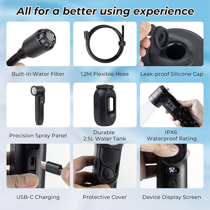 Portable Bidet for Travel, 1600mAh Electric Handheld Bidet with 2.5L Tank | USB-C Rechargeable, Dual Spray Modes (Jet/Shower), Personal Hygiene Sprayer for Home, Camping, Postpartum & Elderly Care - Image 7