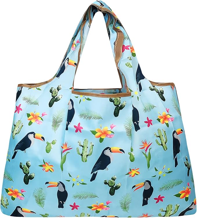 allydrew Large Foldable Tote Nylon Reusable Grocery Bags, Toucan & Cacti - Image 4
