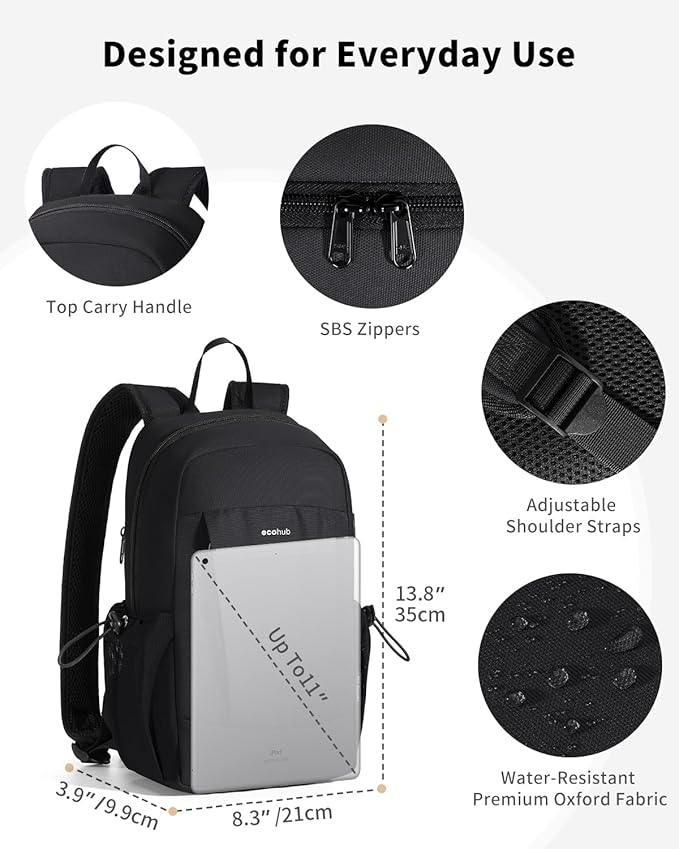 ECOHUB Mini Anti-Theft RFID Backpack for Women and Men, Water-Resistant, Lightweight Travel Daypack with iPad Sleeve, Key Holder, 9 Pockets, Daily Short Trips, Black | 10L RFID Blocking Backpack for Men Lightweight&Small Daypack with 9 Pockets,Water Re... - Image 6