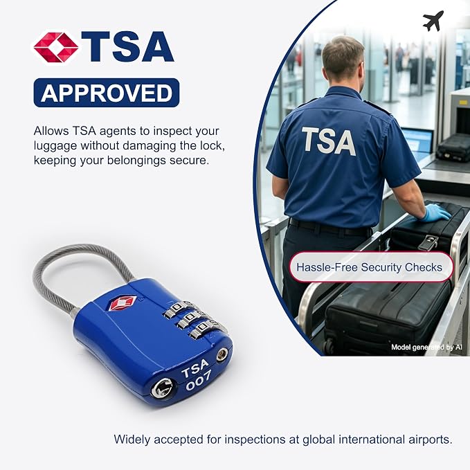 TSA Locks for Luggage, Small Padlock Combination with Cable, Luggage Locks TSA Approved, Combo Padlock with Code, for Travel Suitcase, Gym Locker, Gun Case, Backpack Zipper (Black+Blue) - Image 3