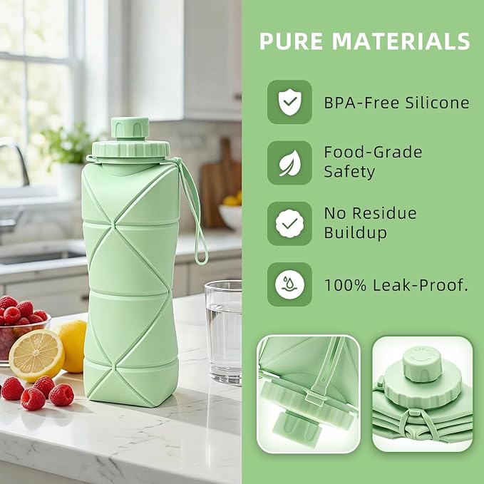Collapsible Travel Water Bottle 28oz (800ml), BPA-Free, Foldable Silicone Lightweight Reusable Water Bottle with Leak-Proof Lid & Lanyard, Portable for Travel Cycling Gym Camping - Image 7