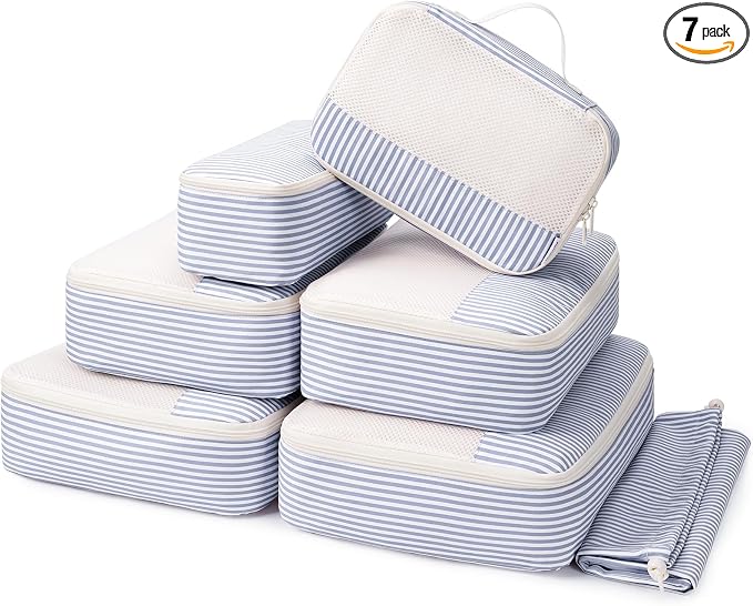 Narwey 7 Set Striped Packing Cubes for Travel Carry on Suitcase, Durable Packing Organizers Bag for Kids Women Men, Duffle Bags Backpack Travel Essentials Accessories (Greyish Blue Stripe) by Narwey