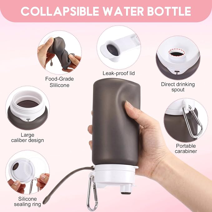 LemonRoad 2 Pcs 19 oz Silicone Collapsible Water Bottle, Pink Gray | Portable Foldable Water Bottle, Leakproof, Carabiner, Reusable, Lightweight, for Travel Sport Hiking Camping Cycling Office - Image 3