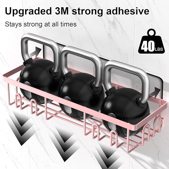 Getsrichfc Shower Caddy Adhesive, Rustproof Shower Shelves for Inside Shower, Large Capacity Bathroom Organizers and Storage, Shower Storage with Removable Hooks, No Drill Bathroom Accessories Pink - Image 5