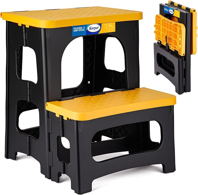Korpai Folding 2 Step Stools,8" & 17" Dual Heights,Foldable Step Stool for Adults and Kids,Hold up to 250lbs,Collapsible Step Stool for Kitchen Bedroom Office Bathroom RV, Yellow by DoWhatYouWanttoDo