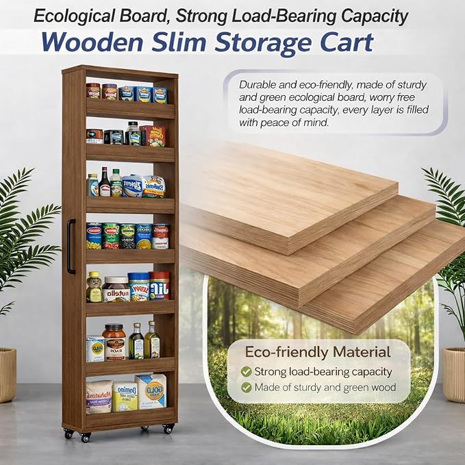 Beside Fridge Storage Slim Tall Cabinet - 7-Tier Tall Narrow Kitchen Pantry Pull Out Storage Cabinet Next To Fridge, Rolling Cart For Kitchen, Dorm, Bathroom, Laundry & Office (Walnut, 23.6 in) - Image 6