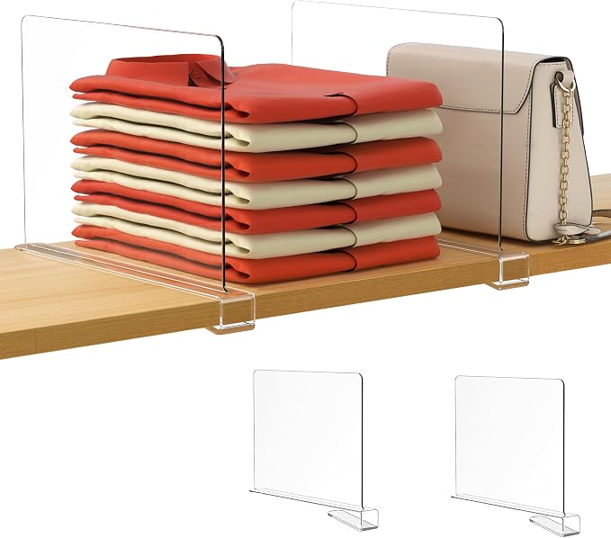 HBlife 2 Pack Clear Shelf Dividers, Vertical Purse Organizer for Closet Perfect for Sweater, Shirts, Handbags in Bedroom and Kitchen, Adjustable Acrylic Bookshelf for Organization by HBlife