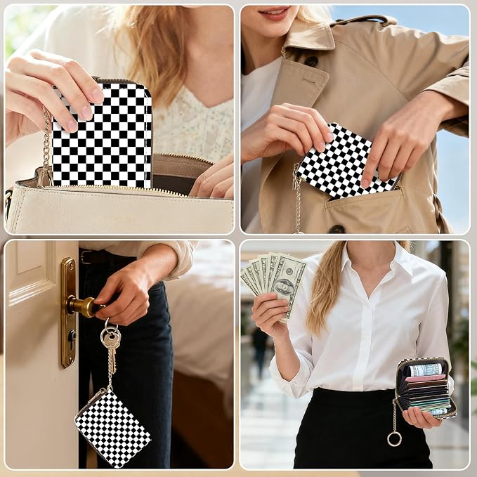 Credit Card Holder for Women,Small Rfid Wallet with Keychain Zipper,Cute PU Leather Card Case Wallet，Accordion Credit Card Wallets Gift,Checkered Pattern - Image 5