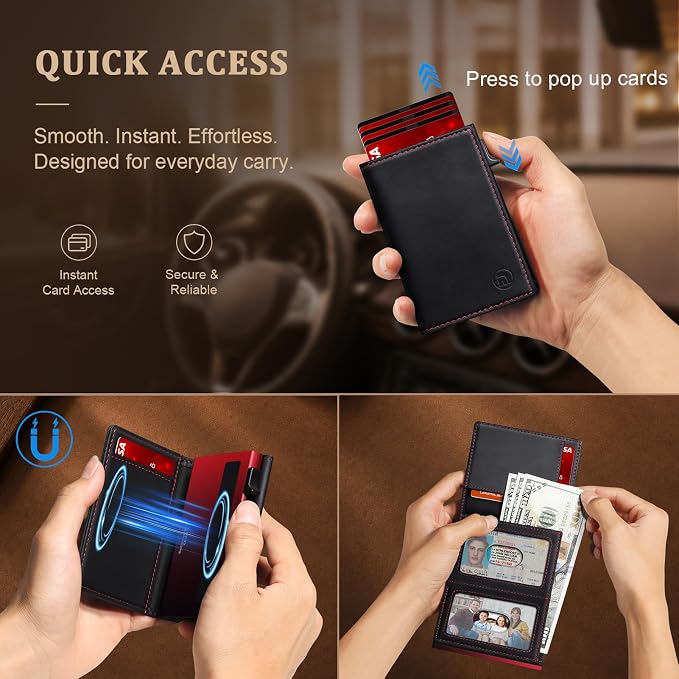Wallet for Men Full Grain Leather Wallet with 2 ID Windows RFID Blocking Trifold Pop Up Credit Card Holder Wallet 9-11 Cards Slim Minimalist Genuine Leather Wallet for Men-Black Red - Image 3