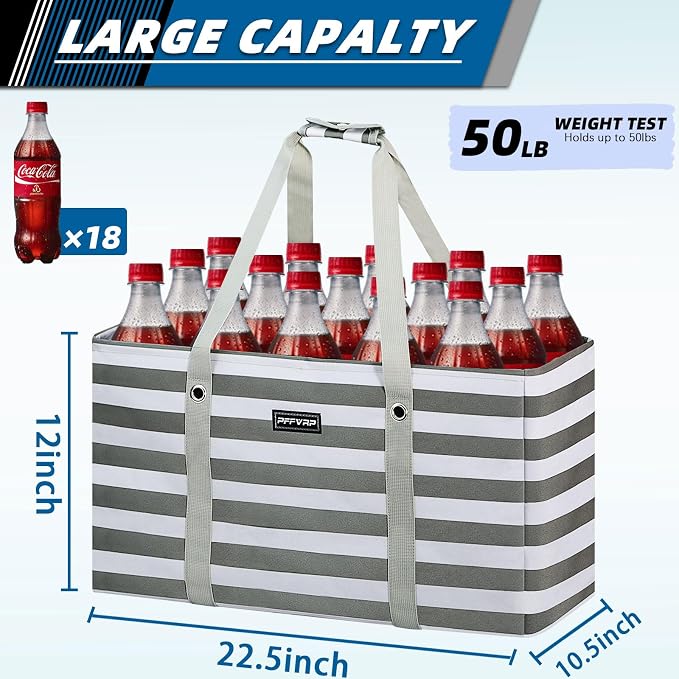 Stand Up Extra Large Utility Tote Bag, Foldable Reusable Grocery Bags with Metal Wire Frame & Reinforced Bottom Board, Large Utility Tote for Shopping, Car Trunk, Beach Bag (Grey) - Image 4