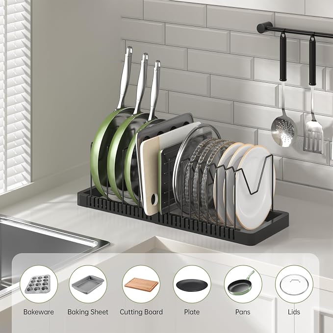 Pots and Pans Organizer under Cabinet, Expandable Pot Lid Organizer Holder with 14 Adjustable Compartment, Pan Organizers inside Cabinet for Lids, Bakeware, Kitchen Storage Pot Rack, Black - Image 3