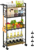 LASZOLA Slim Storage Cart Narrow Shelving Unit with Wheels, 4 Tier | Utility Cart Organizer with Handle, Skinny Rolling Trolley for Small Space Kitchen Bathroom Laundry, Black and Rustic Brown by LASZOLA