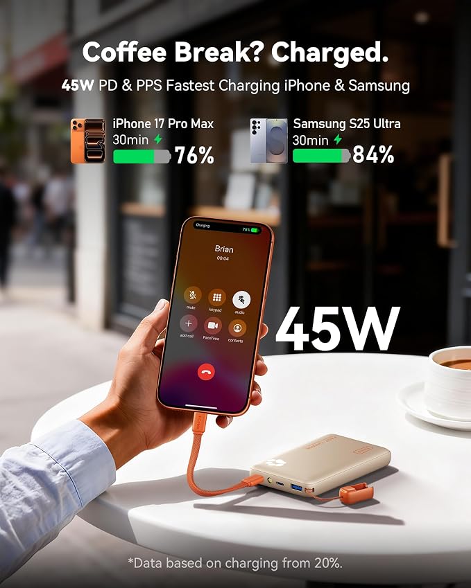 INIU 45W Fast Charging Portable Charger, Smaller 10000mAh Travel Power Bank | Flight-Safe, Detachable USB C Cable, Travel Essential, External Battery Phone Pack for iPhone 17 Samsung S26 iPad etc, Beige - Image 3