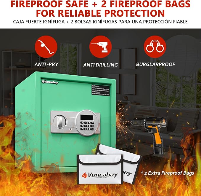 Voncabay Money Safe Box for Home with Digital Keypad, 1.5 Cu. Ft., Green | Alloy Steel, 2 Fireproof Bags, Digital Keypad with Display, Removable Shelf, Alarm System, 14 x 13 x 13 In. - Image 4