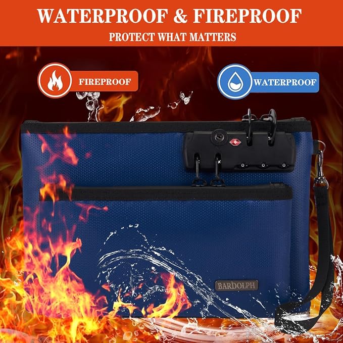 Fireproof Money Bag with Lock, Double layer Cash Bag BankBag for Cash, Valuable StorageBag,Fireproof Safe Box Money Pouch with Zipper (blue, Small) - Image 2