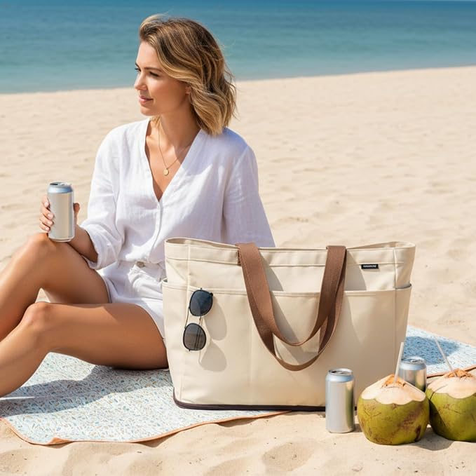 GAGAKU XL Beach Bag with Zipper & Cooler Pockets | Sand-Proof Foldable Large Tote Bag for Cruise, Travel, Family, Women - Image 2